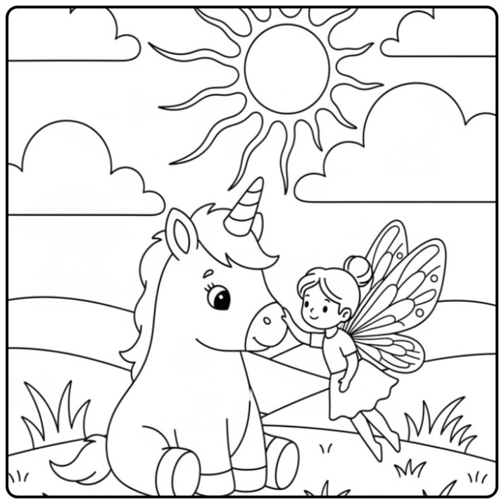 Scène mignonne pour un coloriage fée licorne sous le soleil.