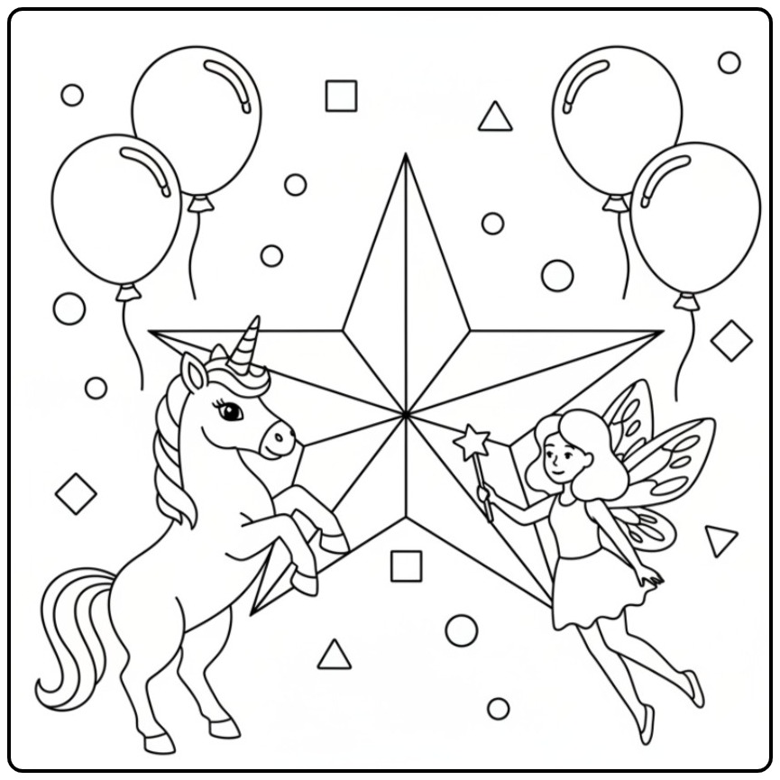 Joli dessin de coloriage fée licorne avec une étoile et des ballons.