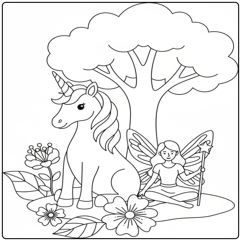 Un joli dessin pour un coloriage fée licorne dans une forêt.