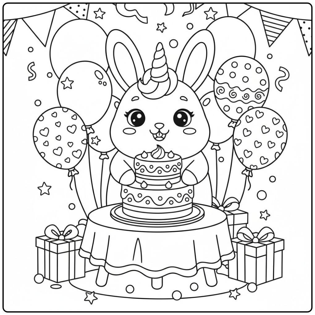 Une jolie scène de Coloriage lapin licorne anniversaire à fêter.
