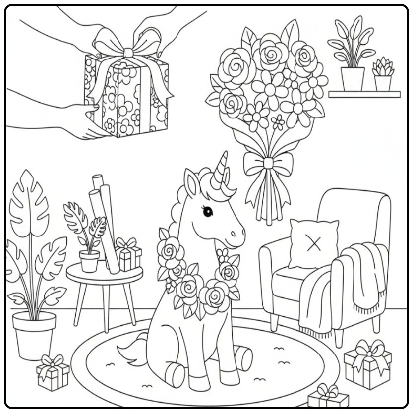 Scène de fête avec un adorable coloriage licorne fleur.