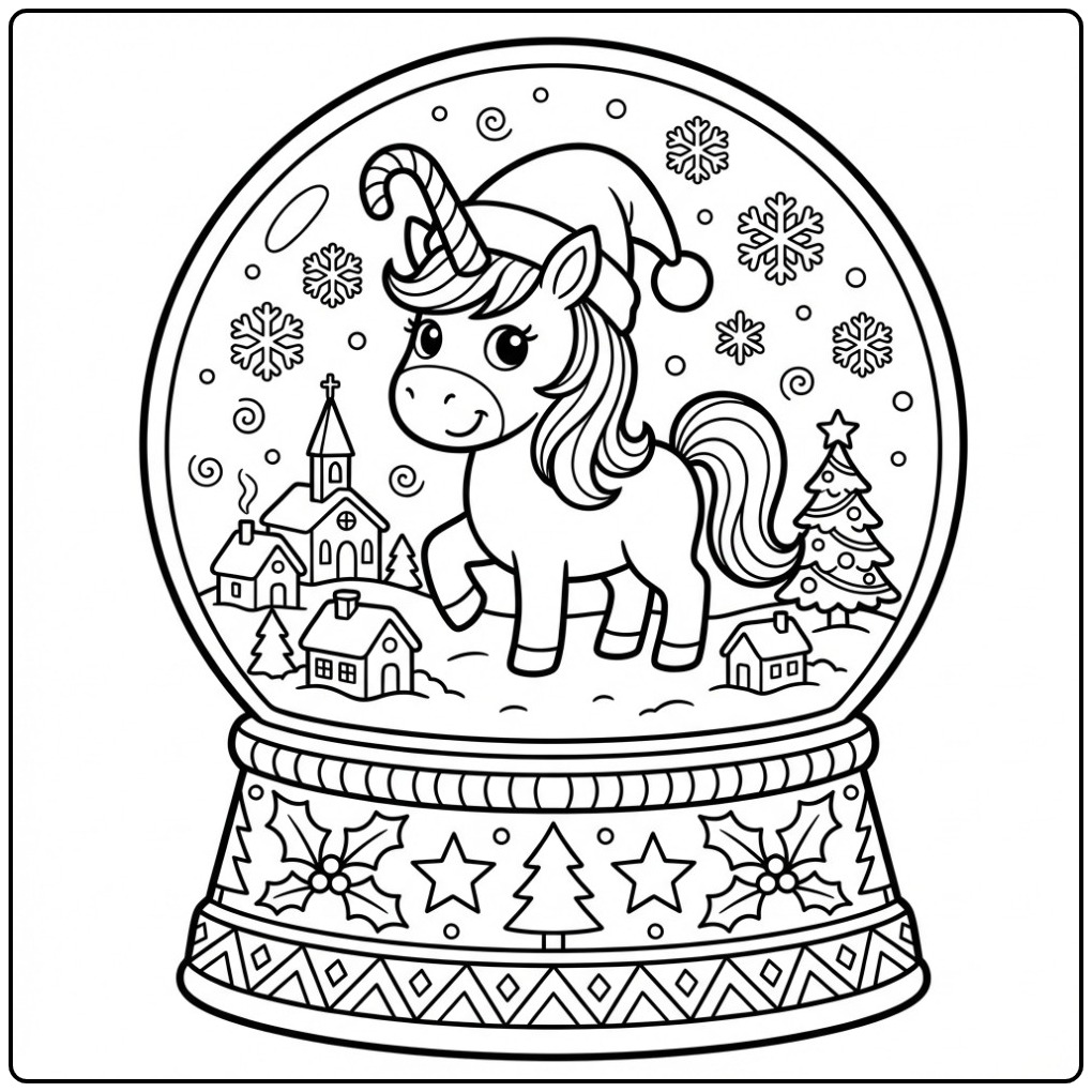 Un mignon coloriage licorne noel dans une boule à neige magique.
