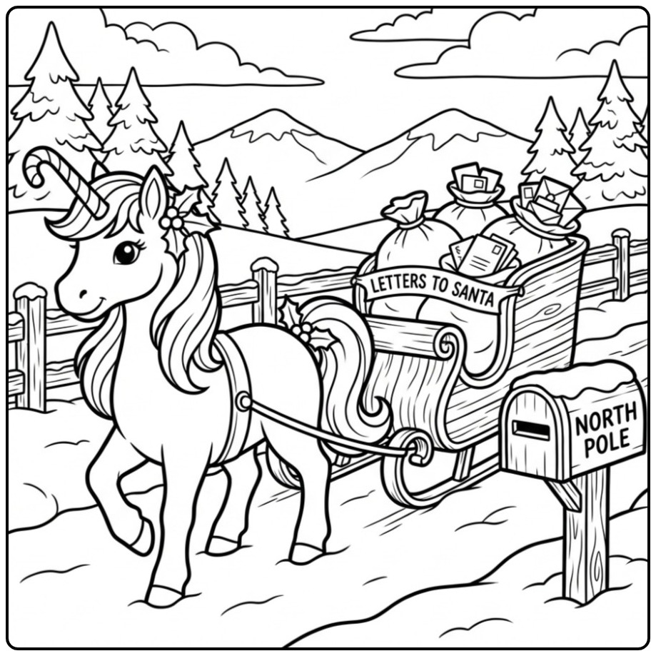 Une licorne tirant un traîneau rempli de lettres, coloriage licorne noel.