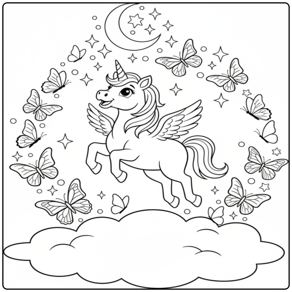 Joli dessin de coloriage licorne papillon volant dans le ciel.