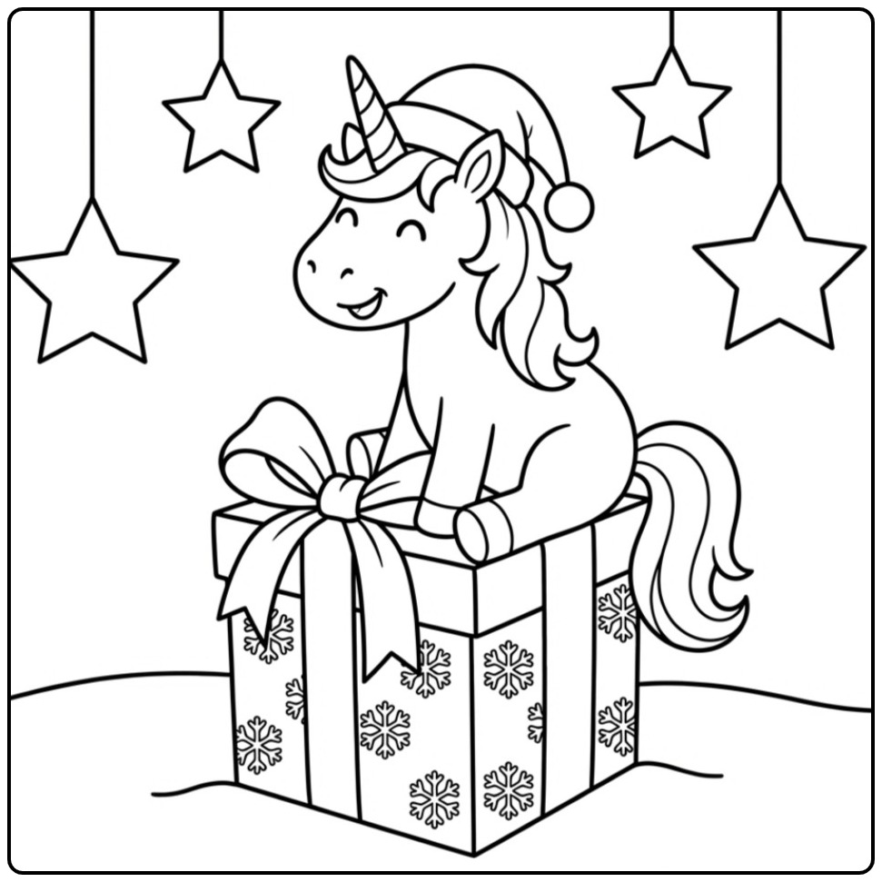 Joyeux coloriage licorne noel assise sur un grand cadeau.