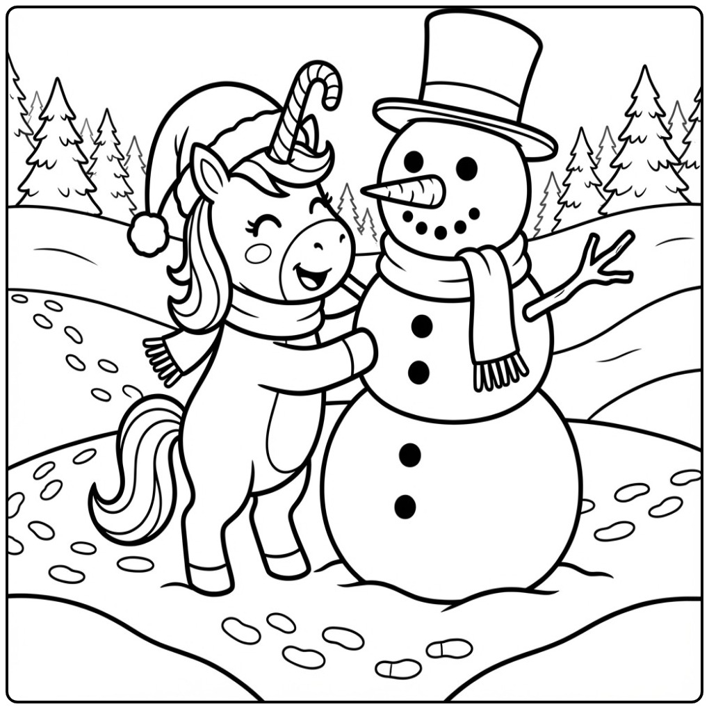 Un joli coloriage licorne noel avec un bonhomme de neige.