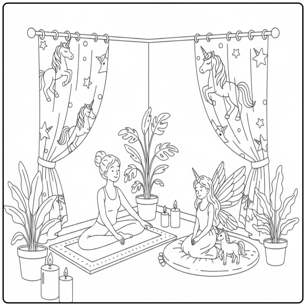 Une femme médite avec son amie dans ce coloriage fée licorne.