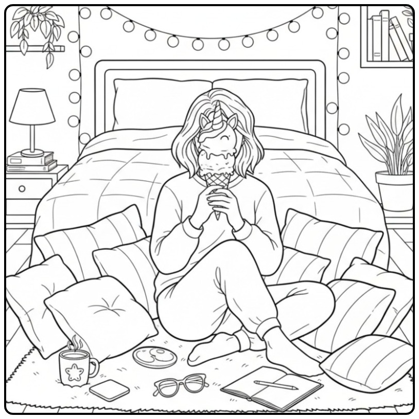 Une jeune femme détendue avec un coloriage glace licorne.