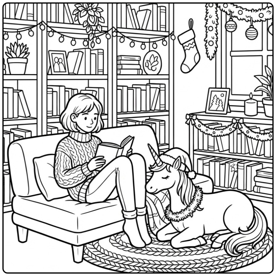Un joli coloriage licorne noel avec une fille lisant un livre.