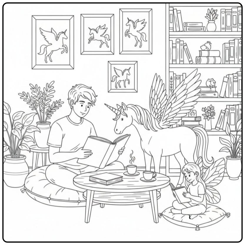 Une scène de lecture magique avec un coloriage fée licorne.