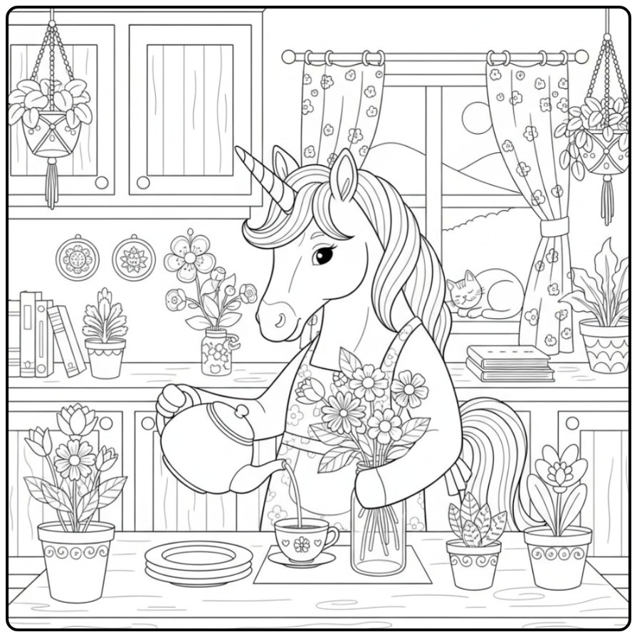 Adorable coloriage licorne fleur versant du thé dans sa cuisine.