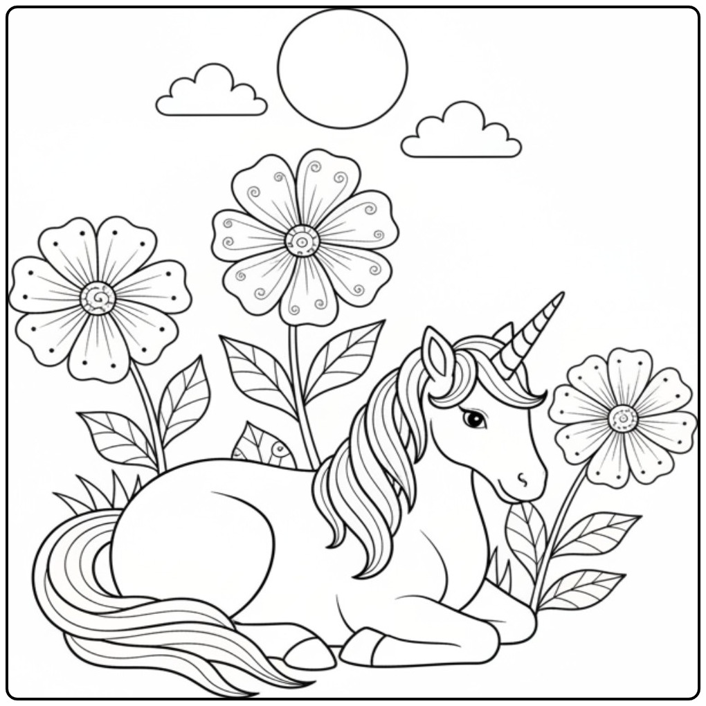 Un joli coloriage licorne fleur se reposant dans un pré.