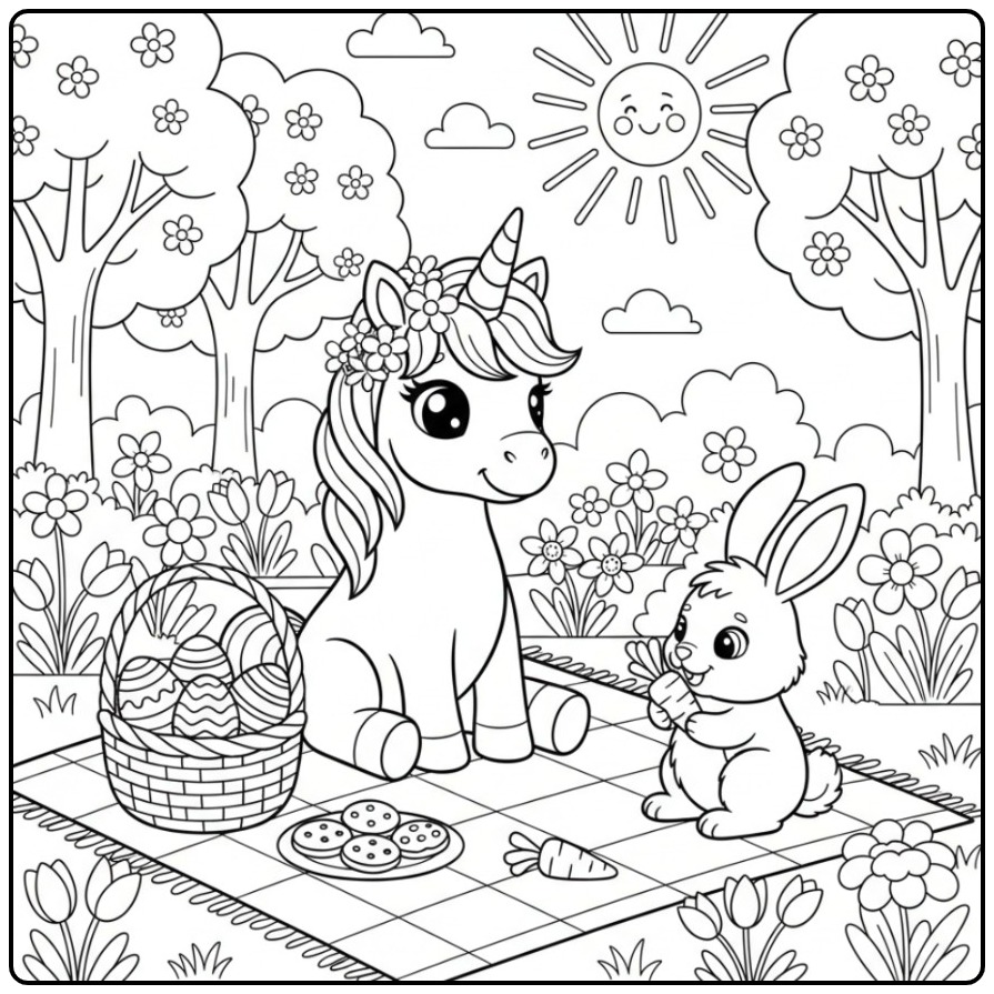 Coloriage licorne paques avec lapin, œufs et pique-nique.