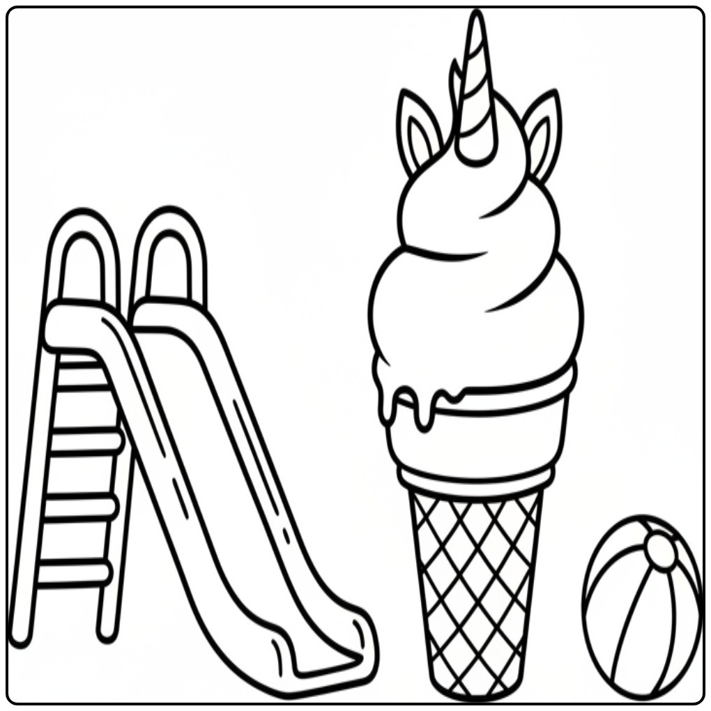 Un simple coloriage glace licorne avec un toboggan et un ballon.