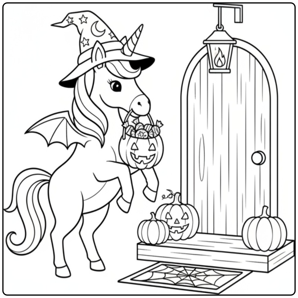 Dessin d'une créature magique, un coloriage licorne halloween.