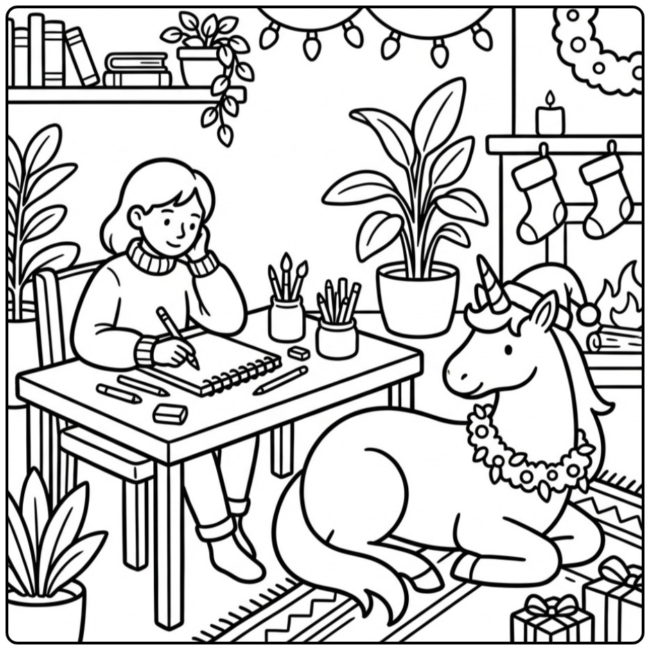 Une fille dessine son ami pour ce coloriage licorne noel.