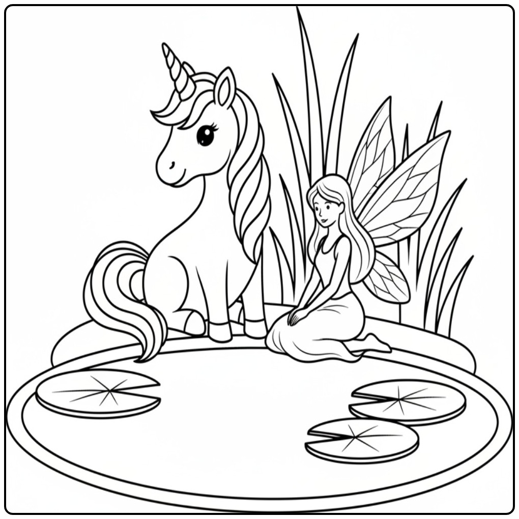 Un joli dessin de coloriage fée licorne au bord d'un étang.