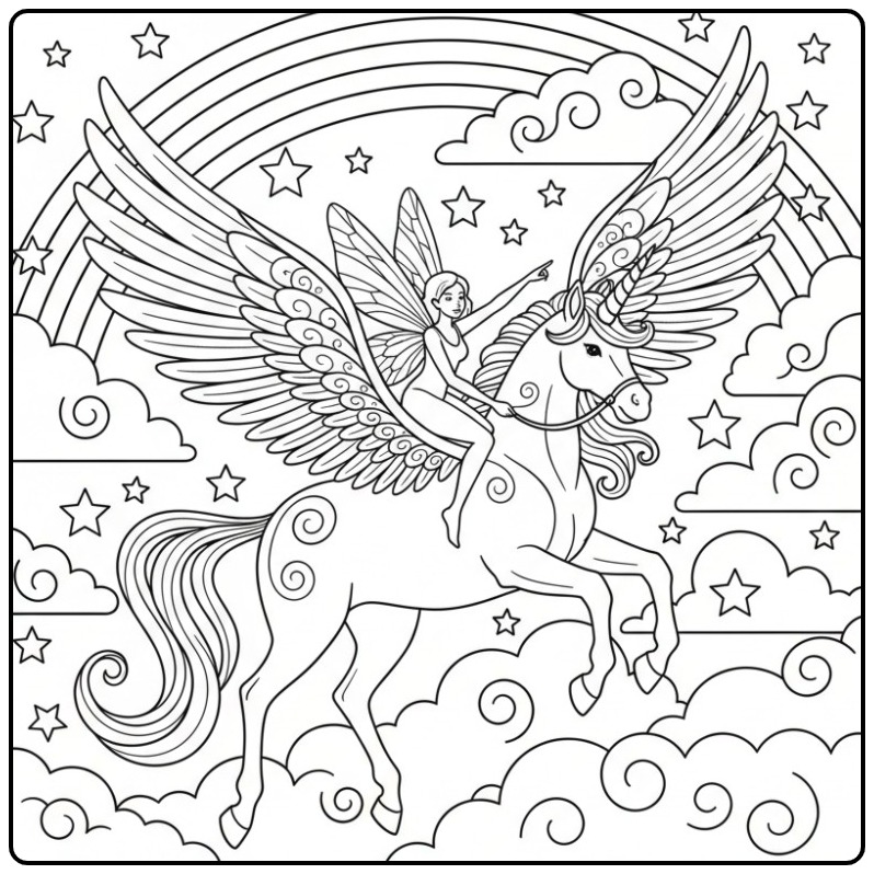 Dessin d'un coloriage fée licorne volant dans le ciel étoilé.