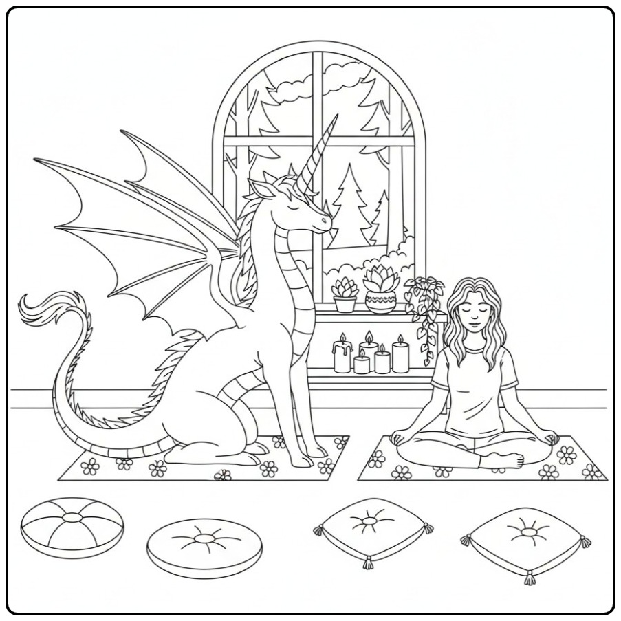 Une femme méditant à côté d'un coloriage dragon licorne zen.